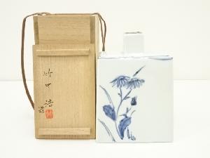 京焼　竹中浩造　染付草花文角瓶（共箱）